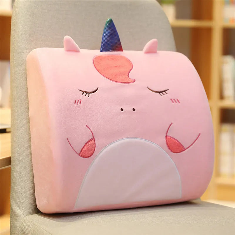 Cartoon memory foam lumbar support cushion with removable grey cat design cover on office chair