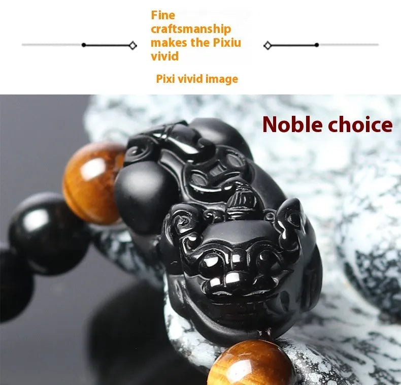 Black obsidian crystal Pi Xiu bracelet with ethnic styling and spiritual symbolism