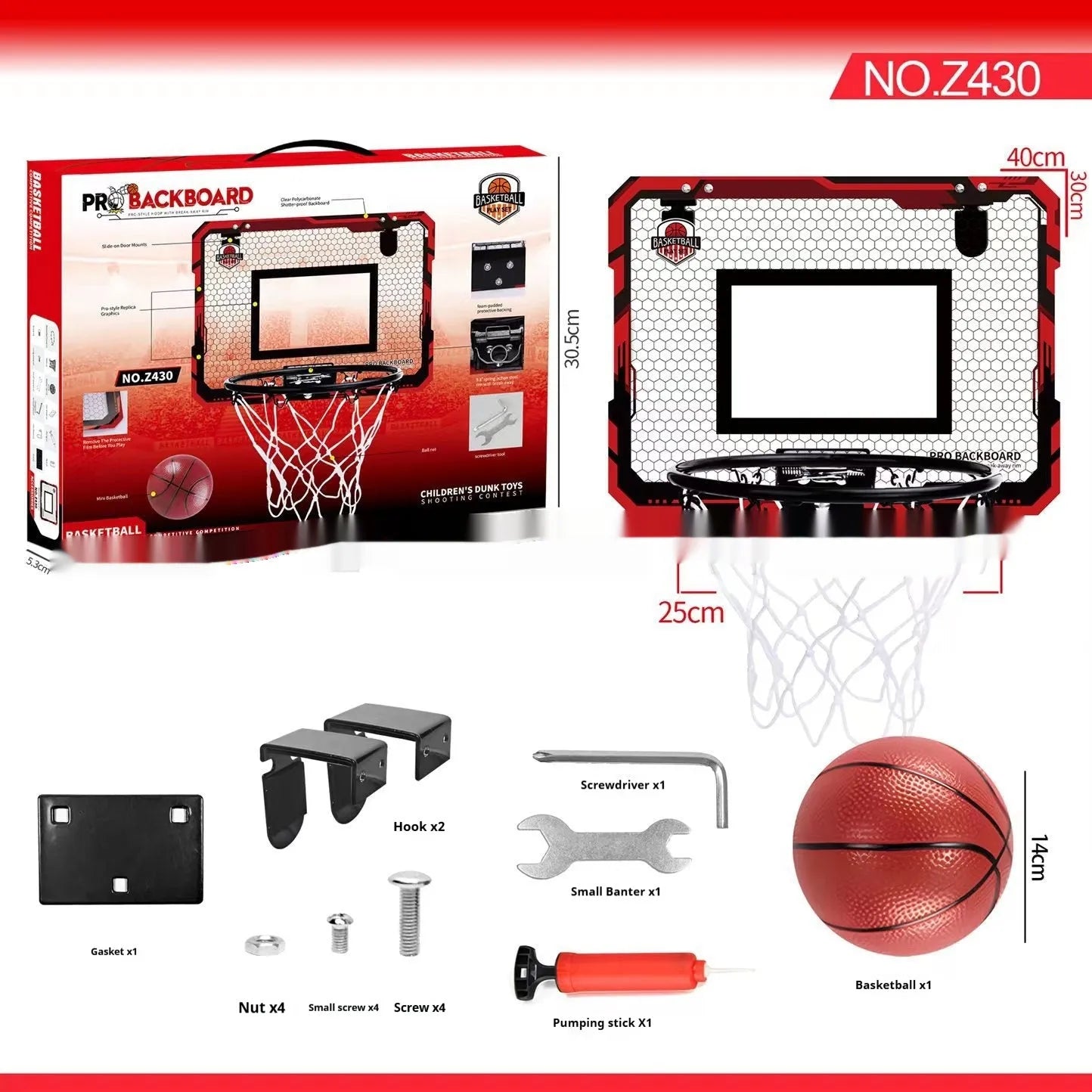 Red and blue foldable basketball frame toy with suction cups and hook shown in dunk scoring and folded ball rack positions.