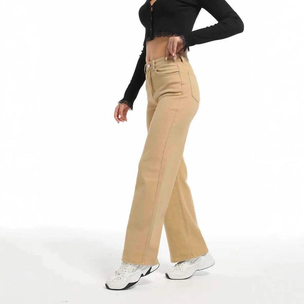 Women's high-waist wide-leg straight jeans in apricot and khaki colours made from stretch cotton.