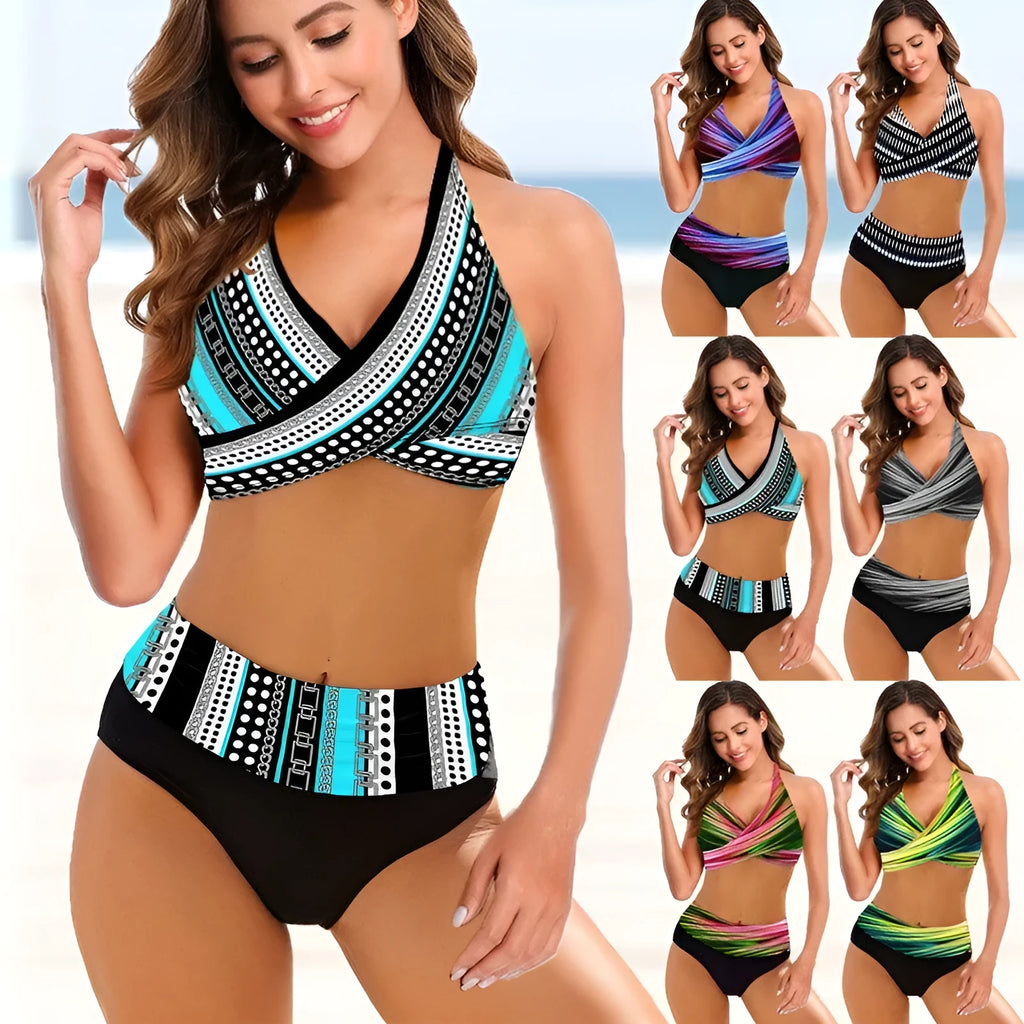 Ladies striped tie-dye hollow bikini set in high-waisted briefs style on a mannequin.