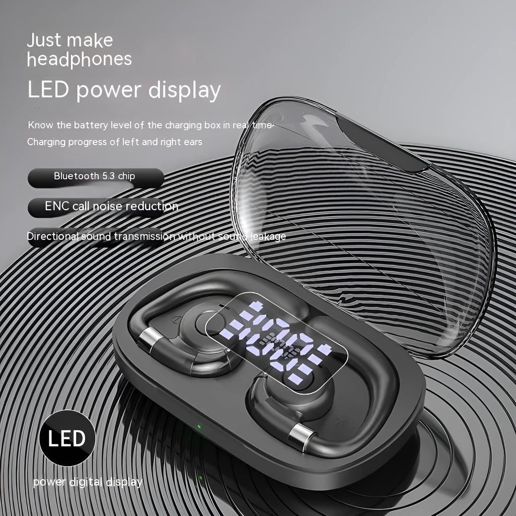 Non-entry ear-mounted wireless Bluetooth headset with digital display in black colour