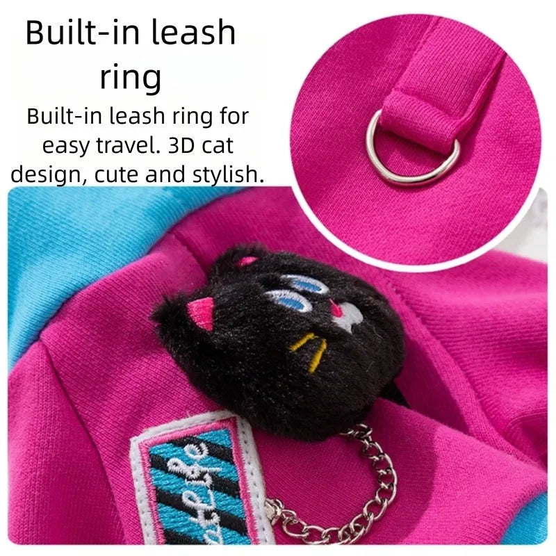 Autumn winter dog hoodie in purple with colour-blocking design, drawstring hood, and cat plush necklace for small medium breeds
