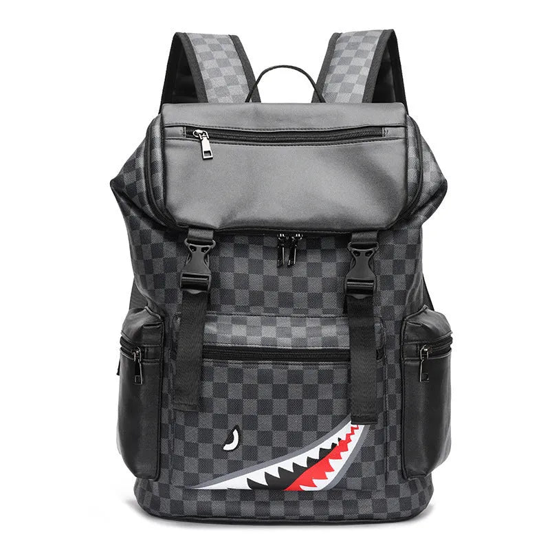 Korean casual checkered printed black backpack with curved shoulder straps and PU leather construction