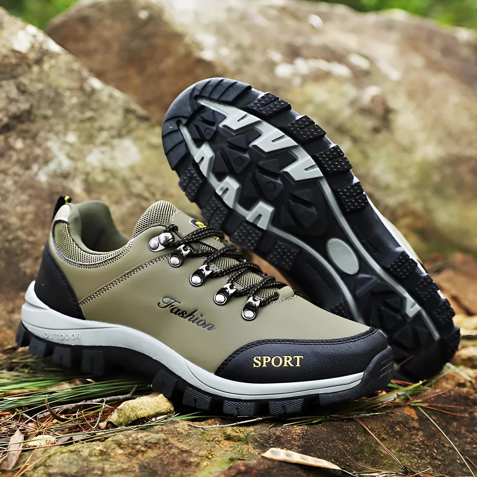 Non-slip outdoor low-top casual shoes in army green with front lace-up closure and low heel, size 38-46