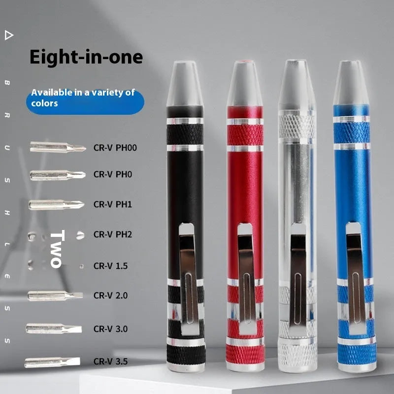 8-in-1 aluminium alloy pen-type screwdriver set with multiple coloured handles and nickel-plated cutter heads