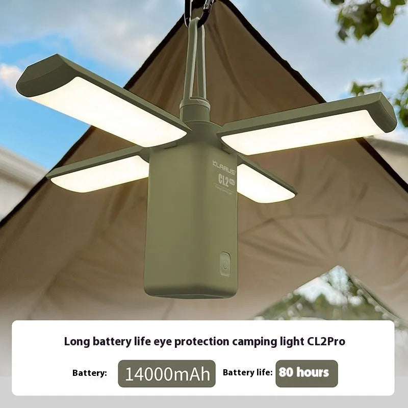 Green and white outdoor LED campsite lamp with USB charging cable and manual