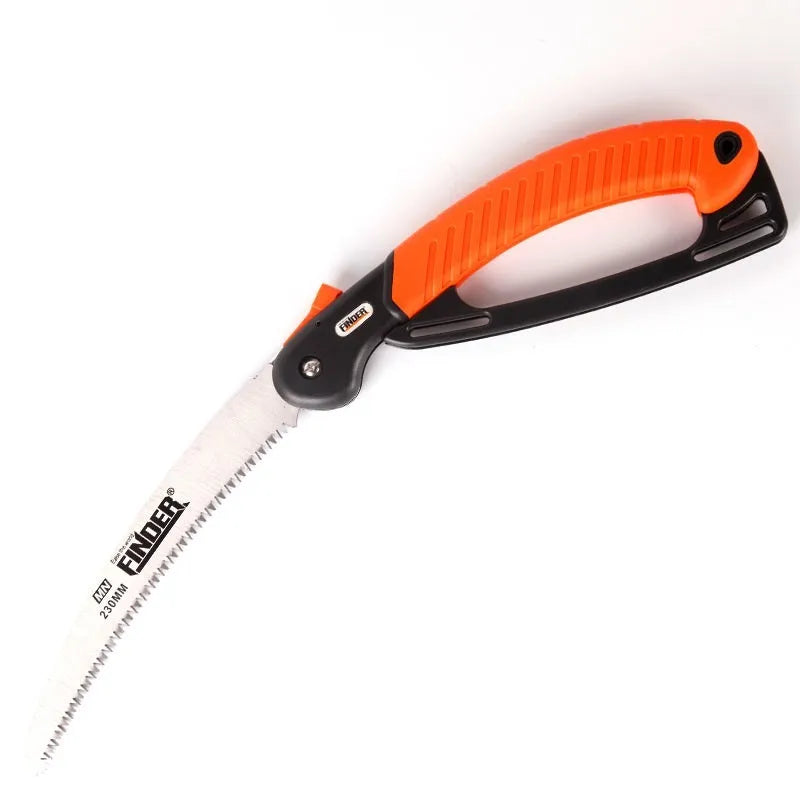 A folded and unfolded view of a 230mm folding garden saw with a TPR grip and steel blade.