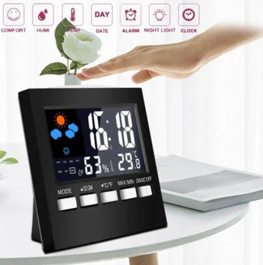 Black multifunctional perpetual calendar alarm clock thermometer with voice-controlled backlight and weather forecast display