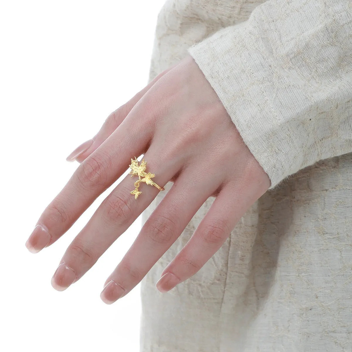 Adjustable silver butterfly ring with original wild butterfly design in electroplated gold or white gold finish