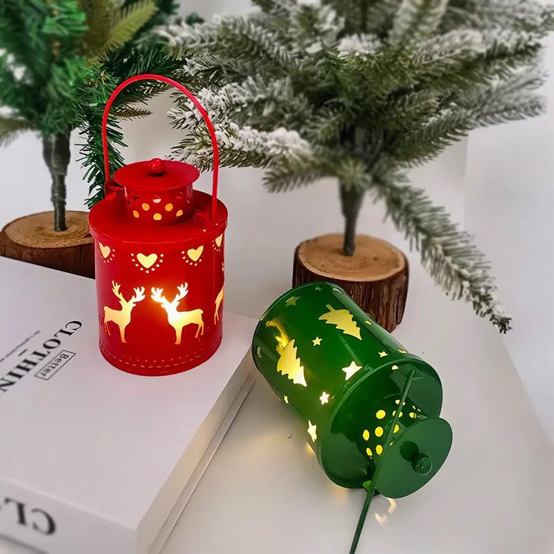 Christmas electronic candle lantern with wrought iron construction and LED lights in Nordic style design