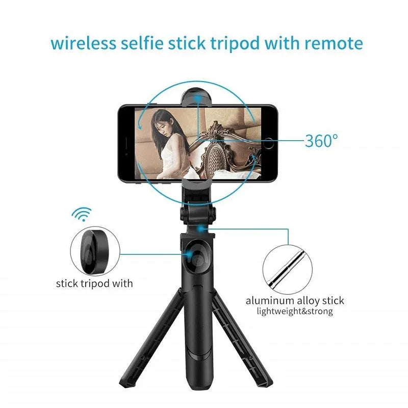 Bluetooth handheld selfie stick with wireless remote control in black and white, folded for portability