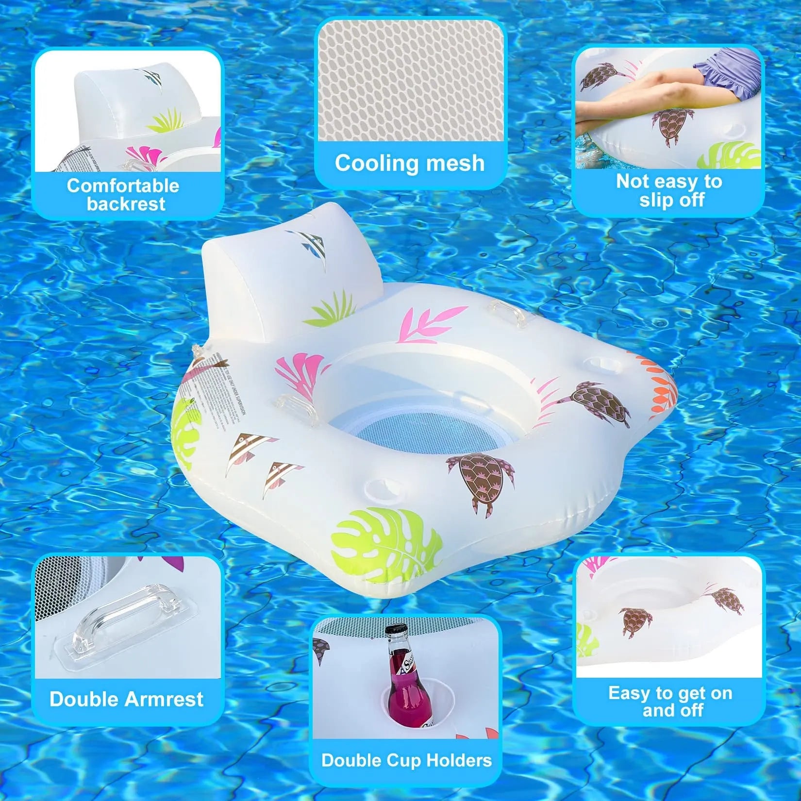 White luminous U-shaped inflatable pool float recliner on water