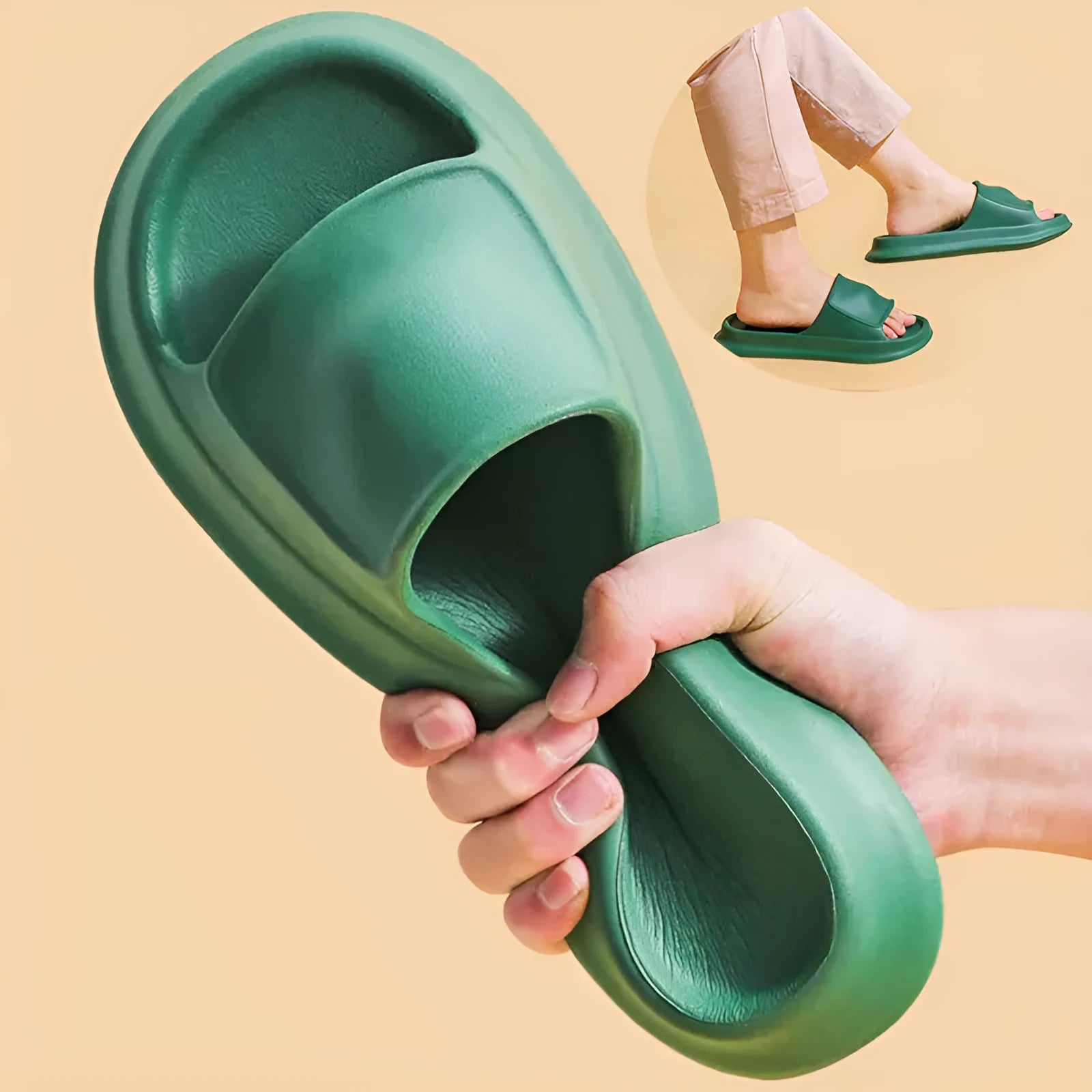 Pair of white EVA flip-flop slippers with a thick, textured sole on a tiled floor.