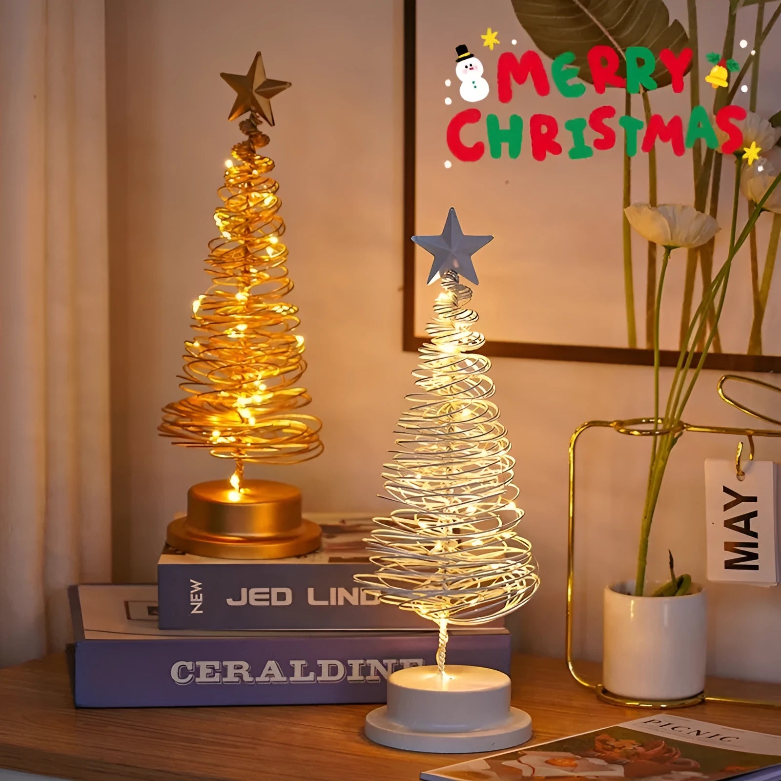 Metal Christmas tree table light with warm white LED decoration in golden finish
