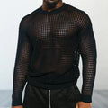 Black loose fit thin round neck acrylic pullover sweater on plain background