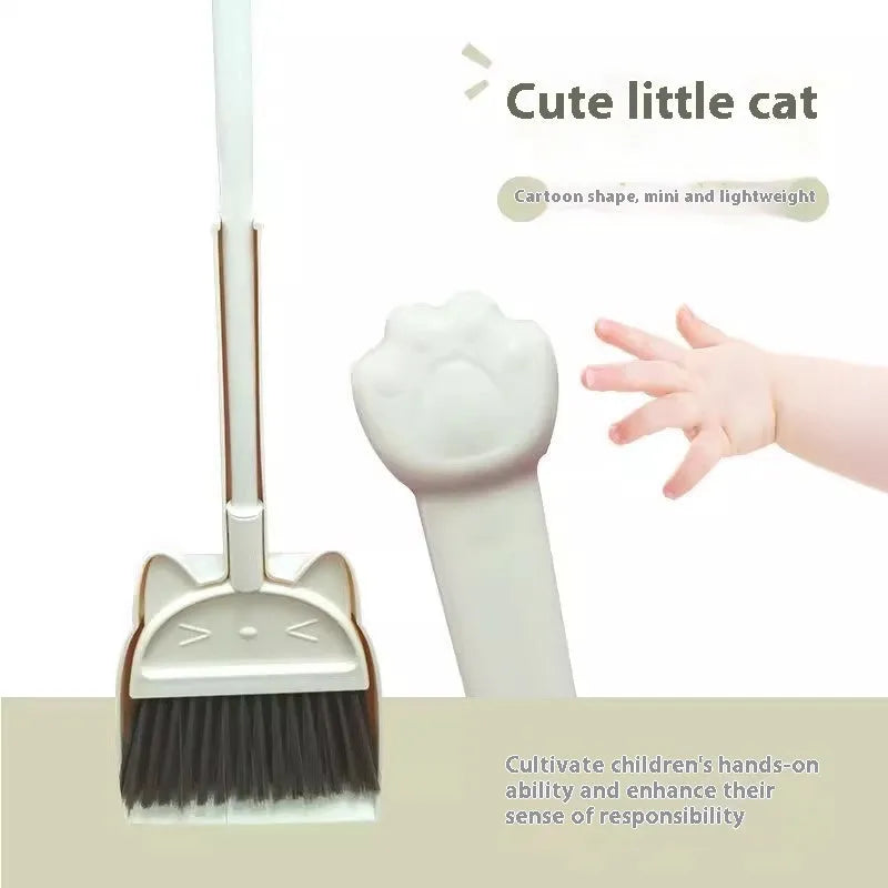 Purple, green, and beige plastic broom and dustpan set with a rotating brush head.