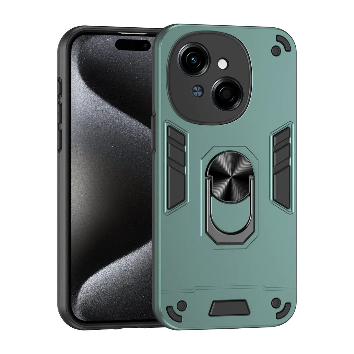 Tecno Pova phone case with bracket, black back cover, airbag corners