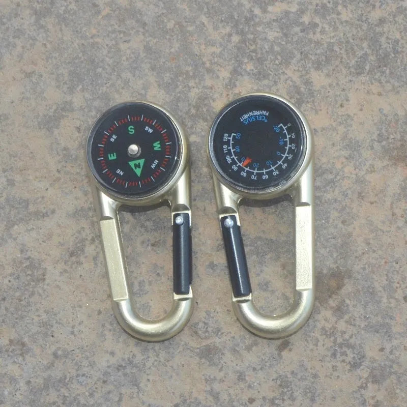 Zinc alloy double-sided climbing carabiner with integrated thermometer and compass in black, army green, and rose gold colours