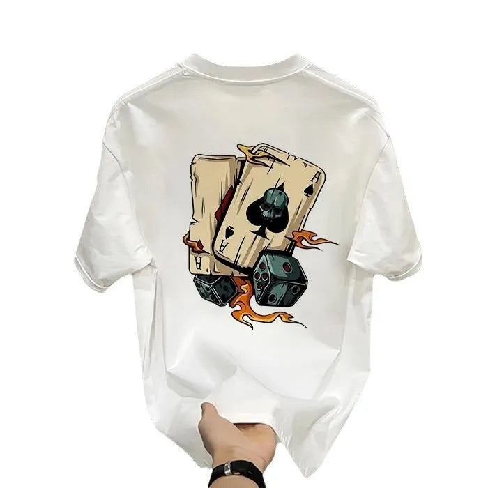 Men's black heavy cotton short-sleeve T-shirt with a printed design on a hanger.