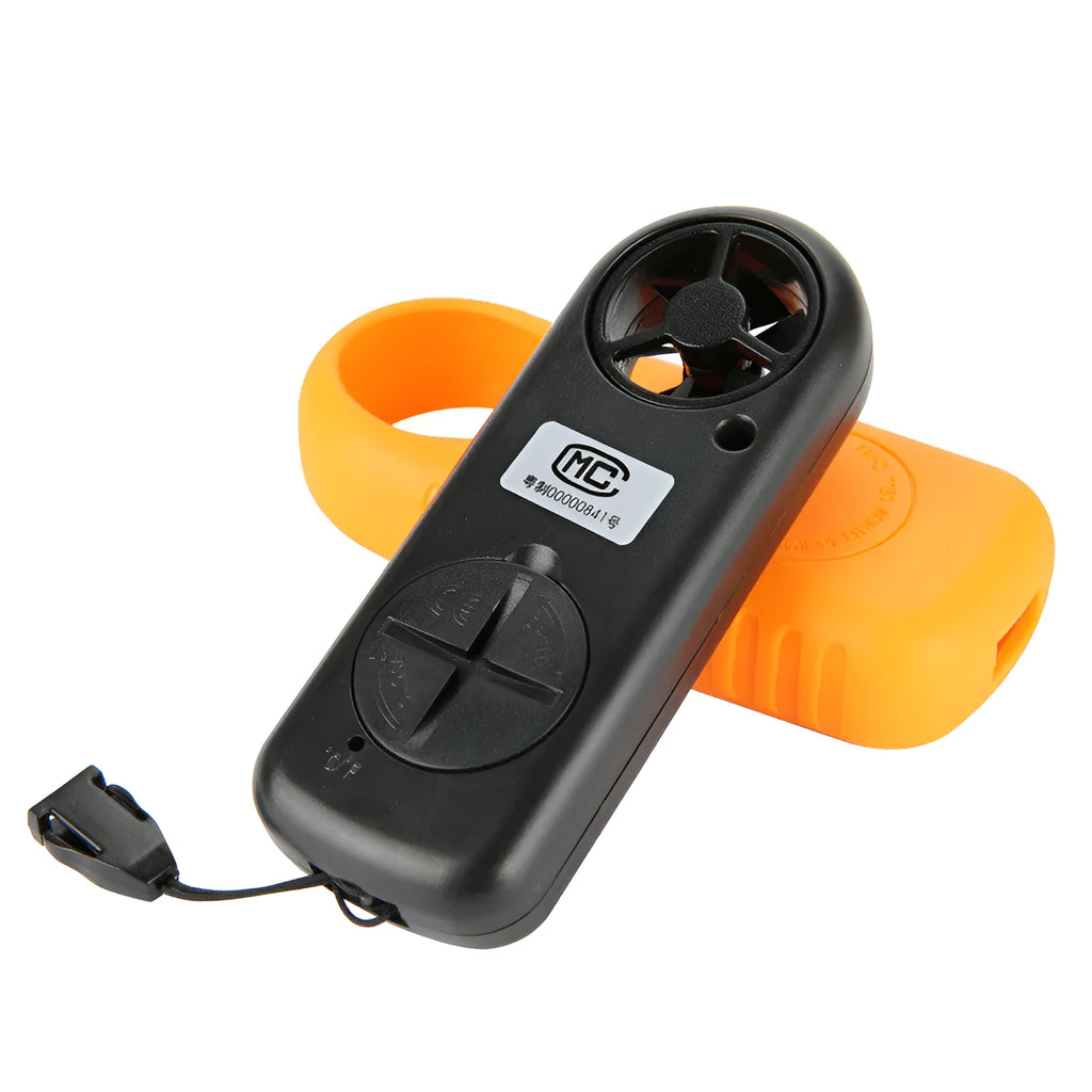 Orange digital handheld anemometer for measuring wind speed with digital display.