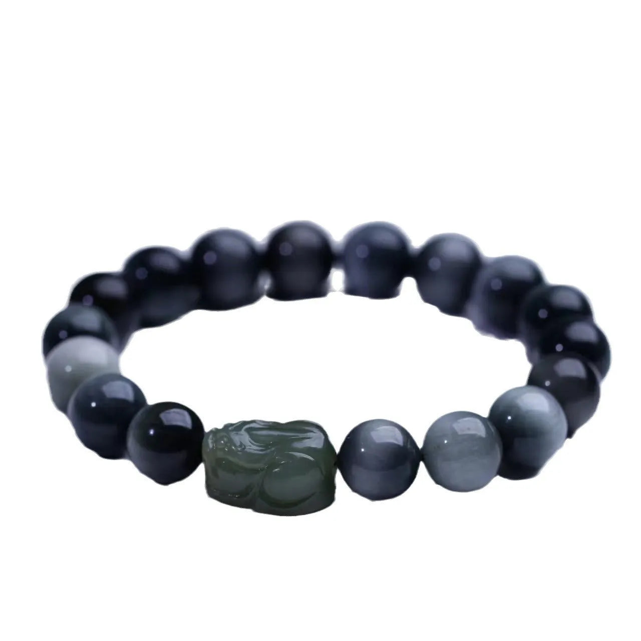 Black bracelet with 10mm Eagle Eye stone beads and a Hetian Jade Pixiu charm.