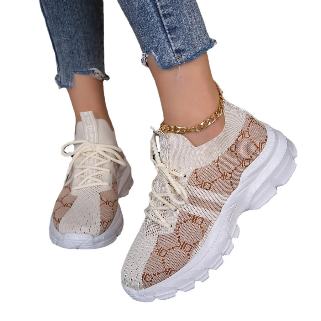Women's breathable mesh lace-up sneakers in Light Brown with round toe and rubber sole
