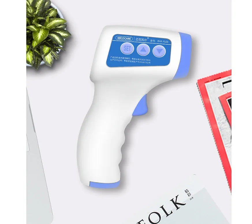 White non-contact infrared forehead thermometer RAK-FI03 on a plain background showing the sensor and display