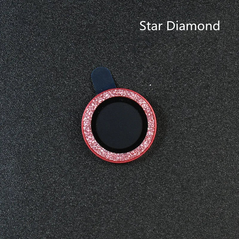 Close-up of a diamond lens protective film with aluminium ring for iPhone 12 Pro Max in silver.