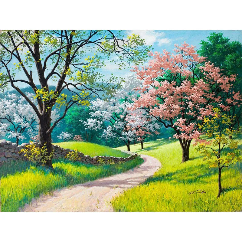 Paint by numbers kit showing 40x50cm linen canvas with landscape design, acrylic paints, and optional wooden frame