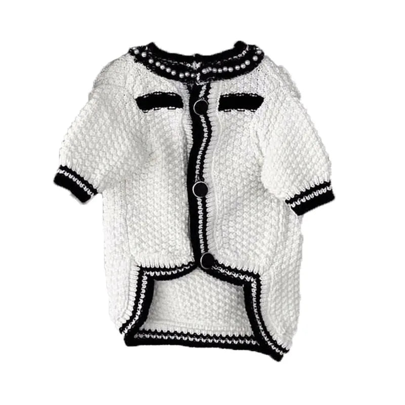Korean style white dog sweater with pearl collar on a small dog, showing princess cut and lightweight polyester fabric.