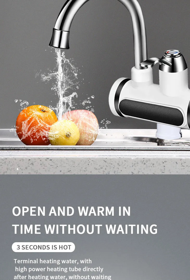 White kitchen electric instant water heater tap with digital temperature display on its front.