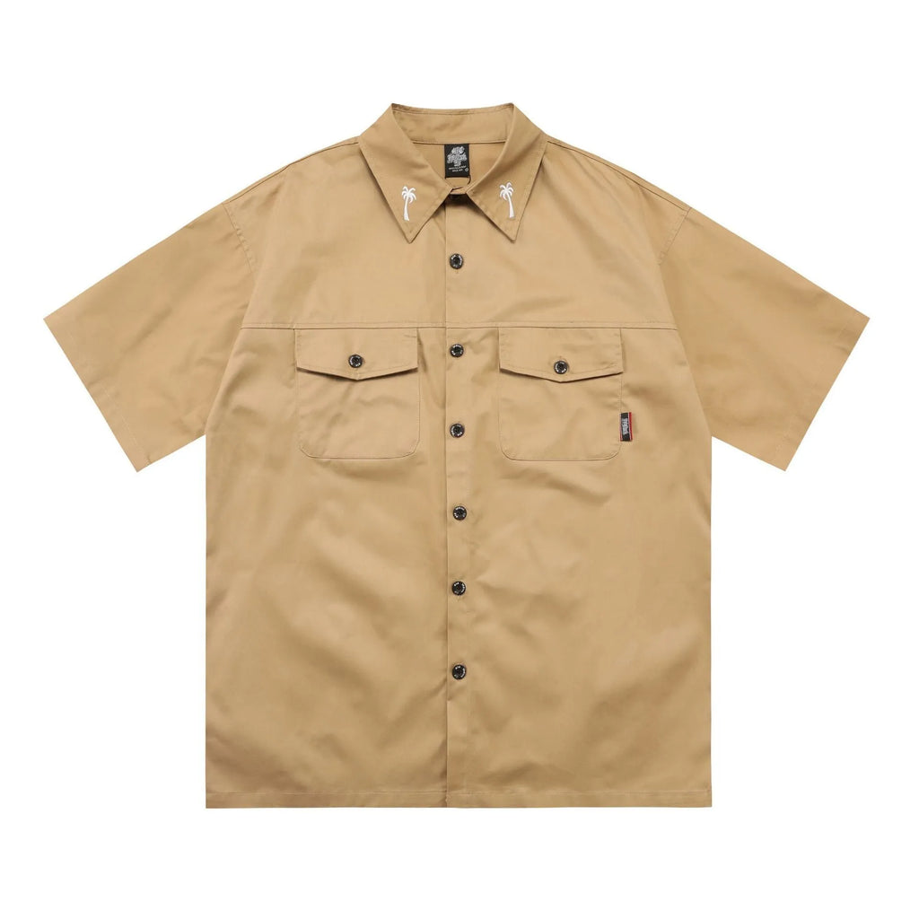 Men's plus size black cotton blend shirt with embroidery detail and half sleeves