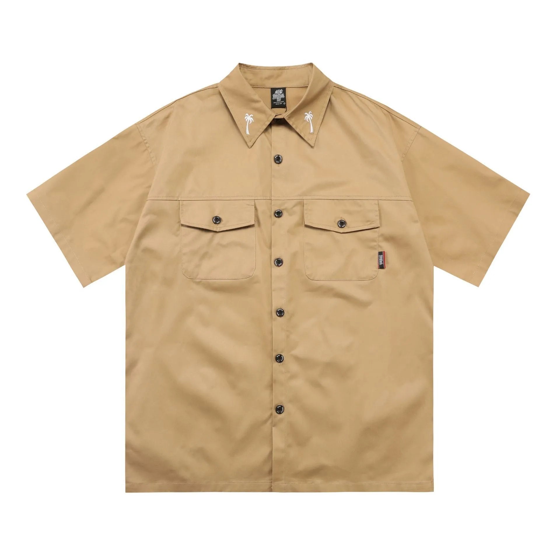 Men's plus size black cotton blend shirt with embroidery detail and half sleeves