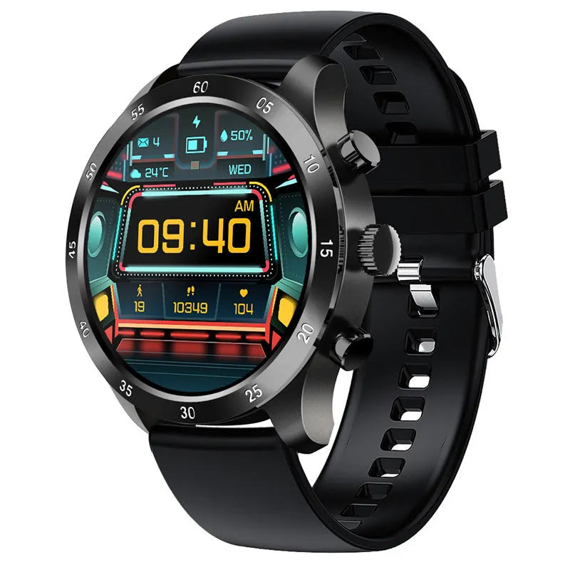Black Bluetooth smart watch with stainless steel strap on a wrist, displaying time and heart rate.