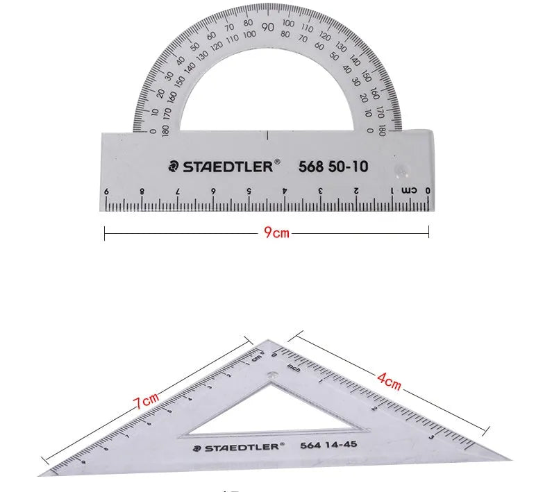 Plastic ruler set with four pieces: 15cm ruler, 30° triangle, 45° triangle, and protractor in transparent plastic.