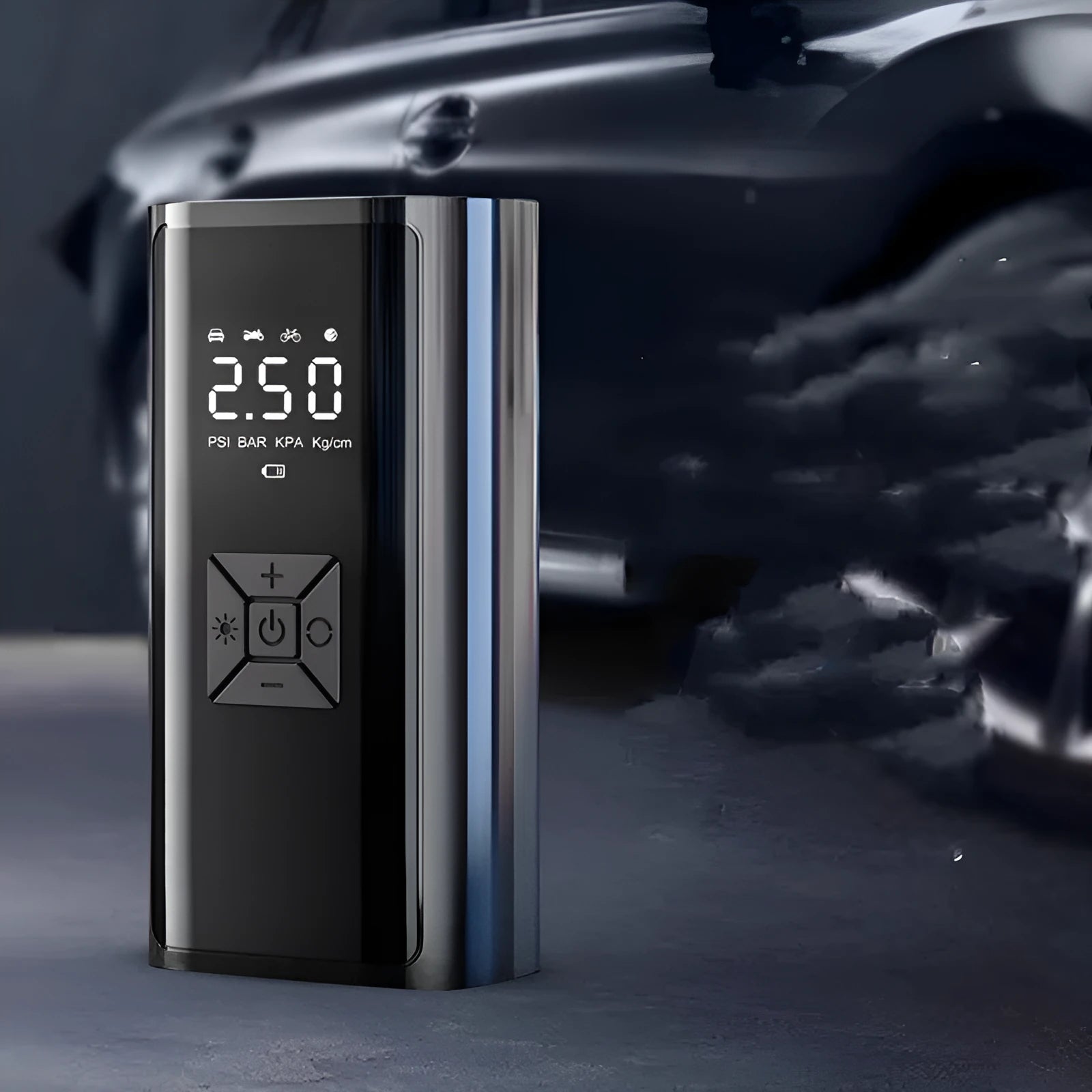 Portable wireless car tyre pump with digital display, ABS and metal construction, 3m power cord