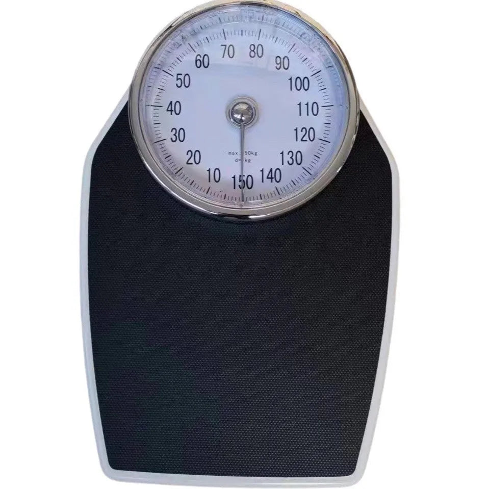 Black mechanical body weight scale with large dial and pointer on a simple platform