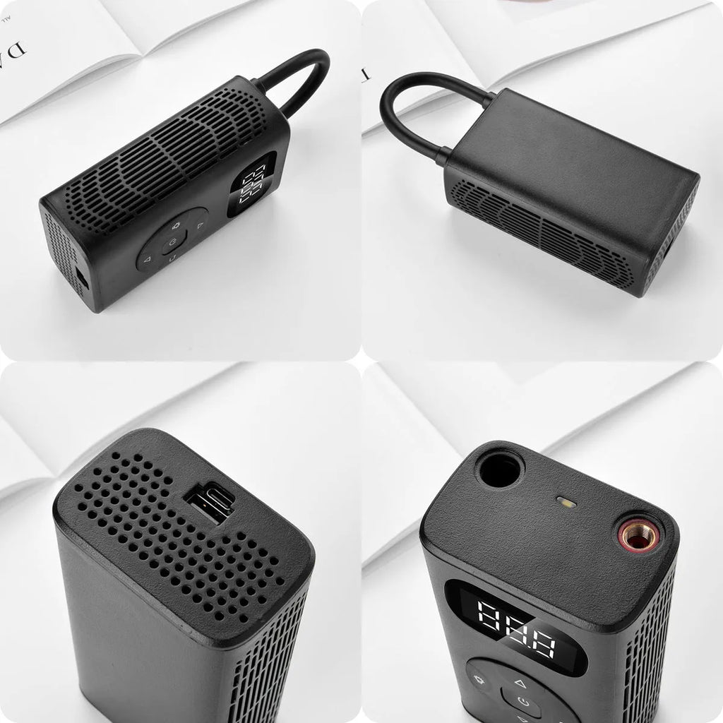 Black portable digital tyre inflator with LCD screen and flexible hose on a black aviation aluminium case.