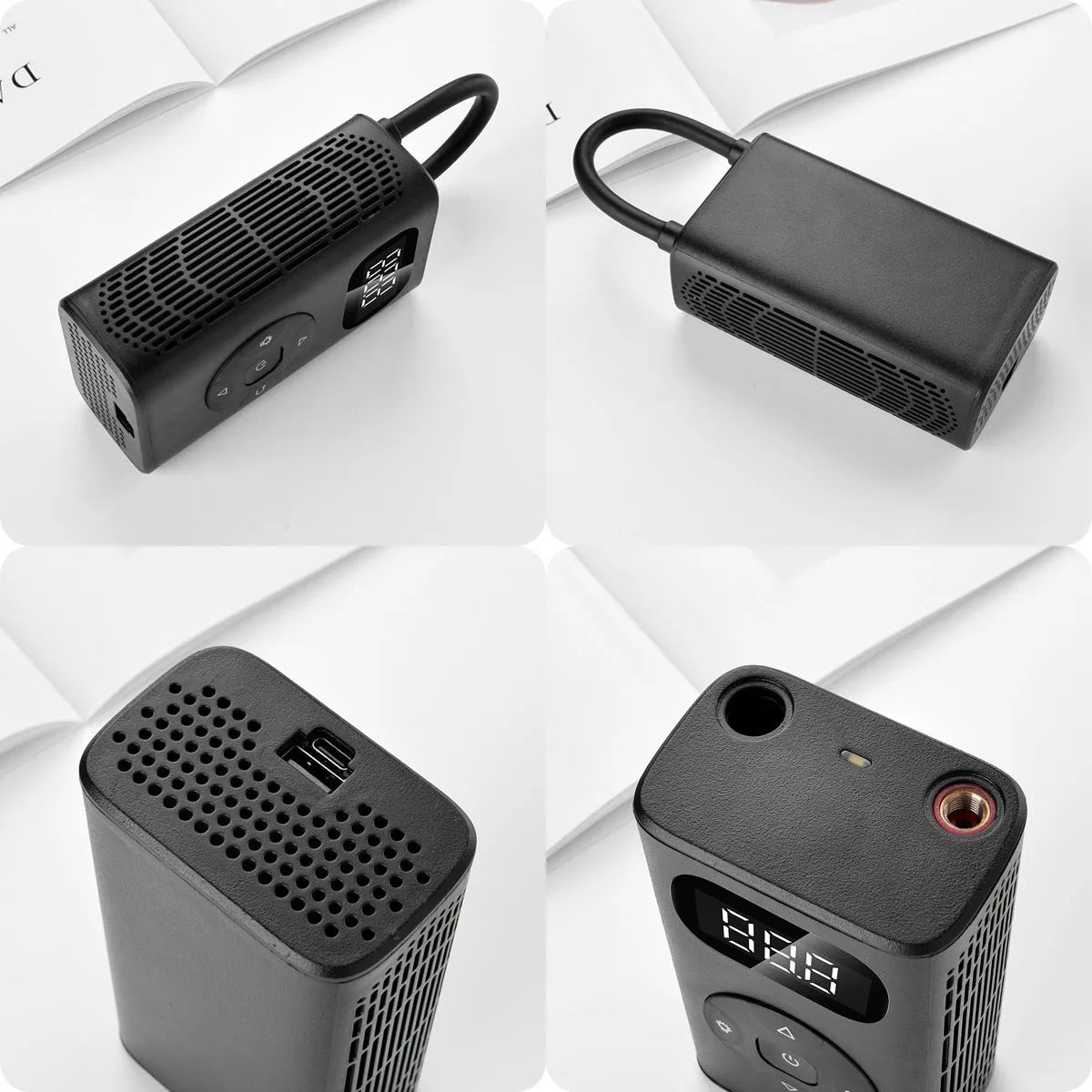 Black portable digital tyre inflator with LCD screen and flexible hose on a black aviation aluminium case.