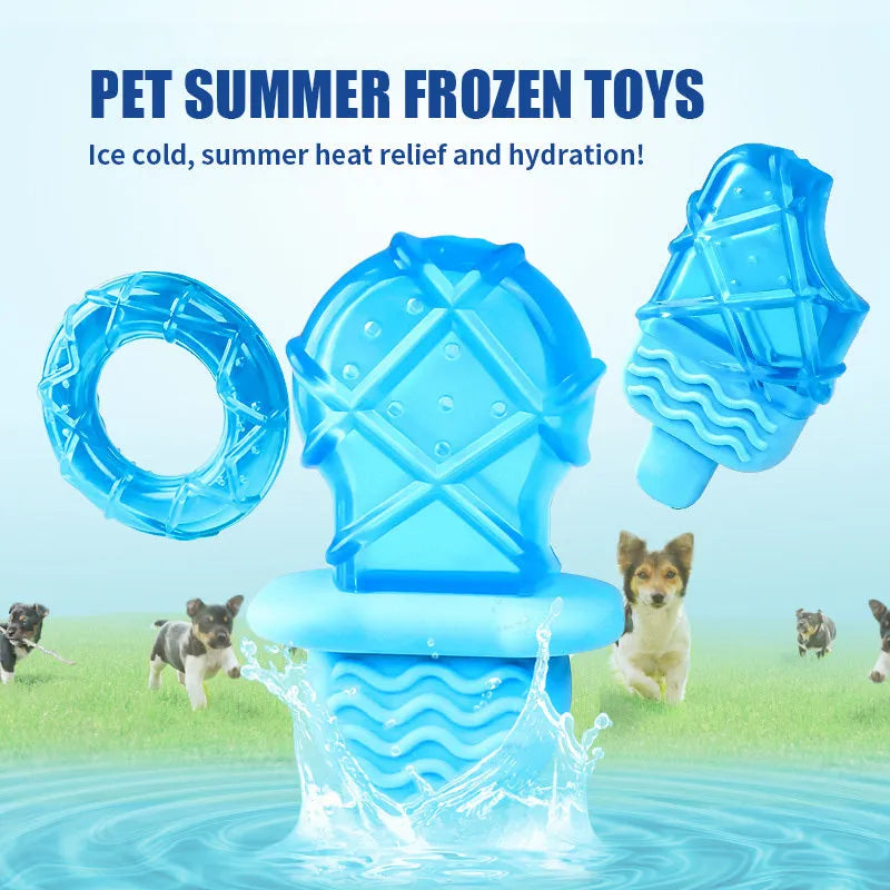 Blue and pink dog cooling toy set with water-filled pacifier, popsicle and ring toys