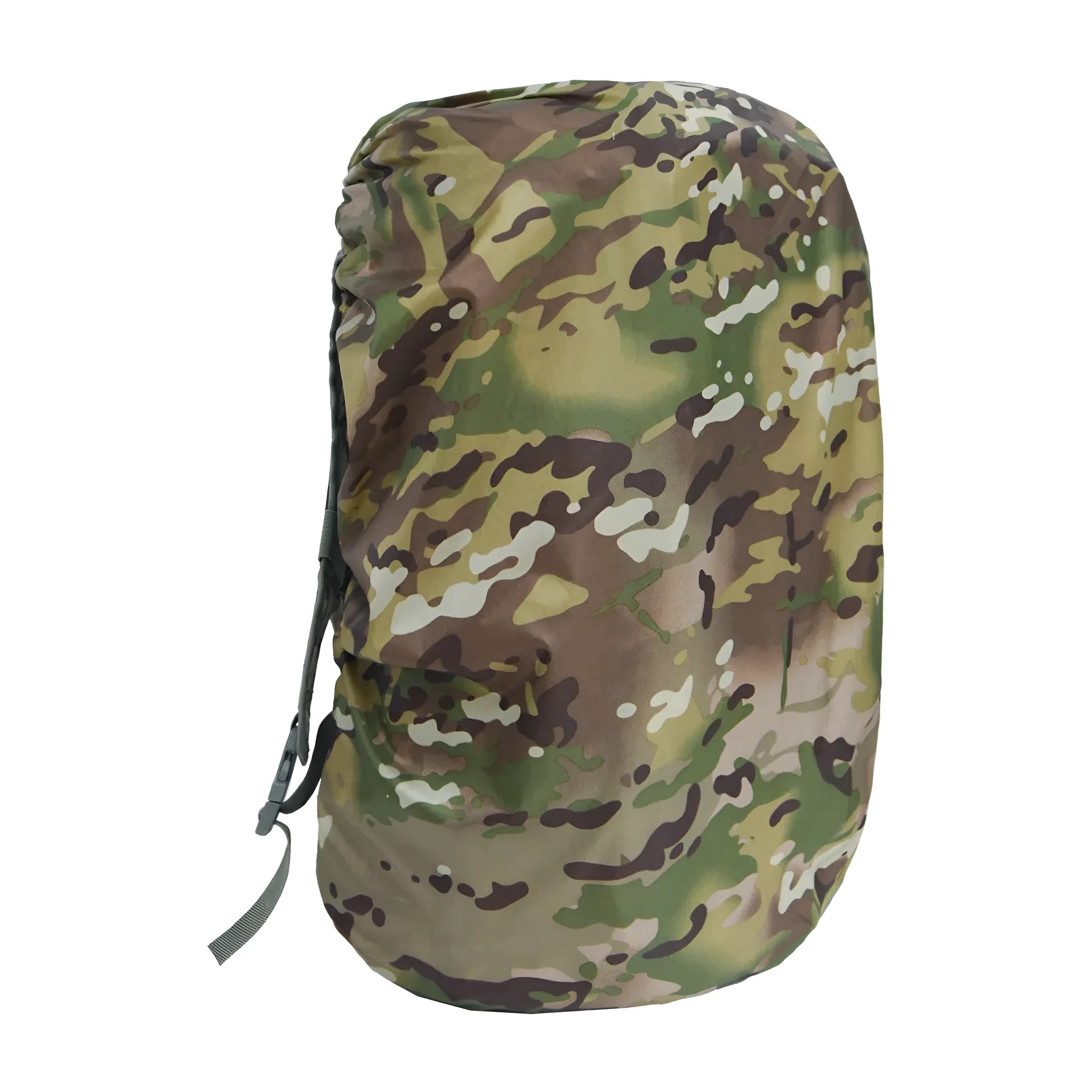Army green waterproof backpack rain cover for 80-litre rucksacks on a hiking trail.