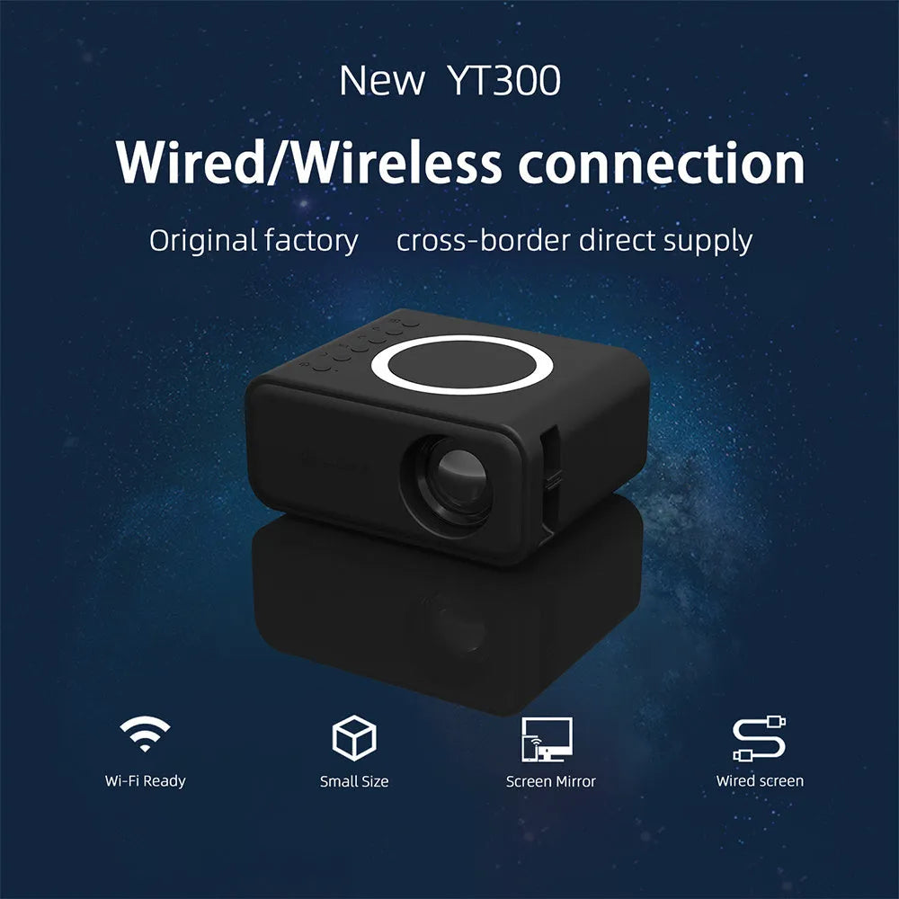 Black or white YT300 portable mini HD projector with remote control on a table.