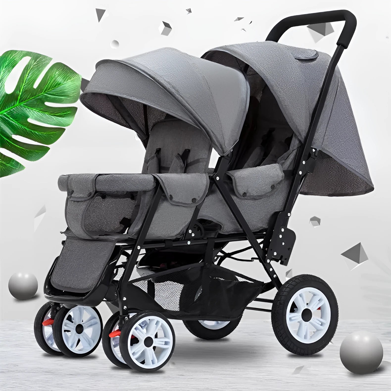 Folding double stroller with front and rear seats for two children, gray colour, dimensions 880x530x1030mm