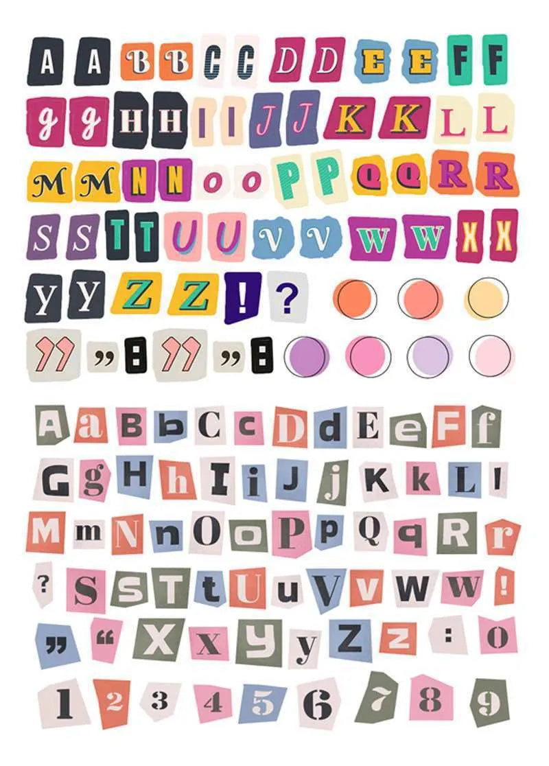 Cute English letters and numbers symbol label sticker set with multiple alphabet collections and weekly words