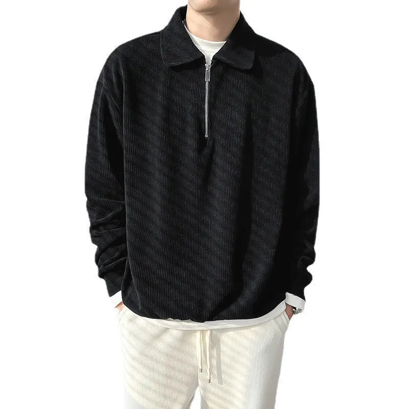 Men's half zip polo sweater striped thin coat pullover long sleeve polyester fibre