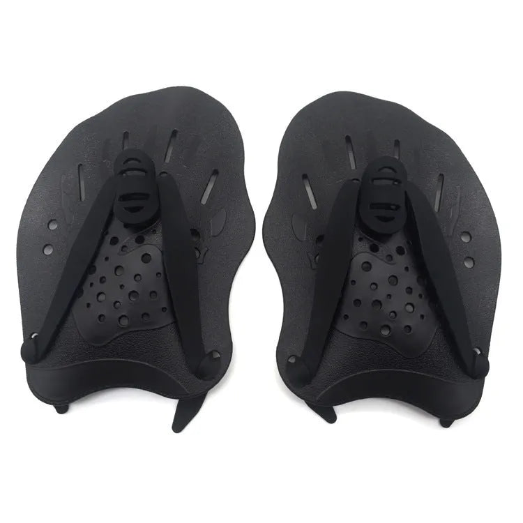 Pair of webbed swim training hand paddles in multiple colours, shown on hands, for freestyle stroke improvement.