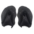 Pair of webbed swim training hand paddles in multiple colours, shown on hands, for freestyle stroke improvement.