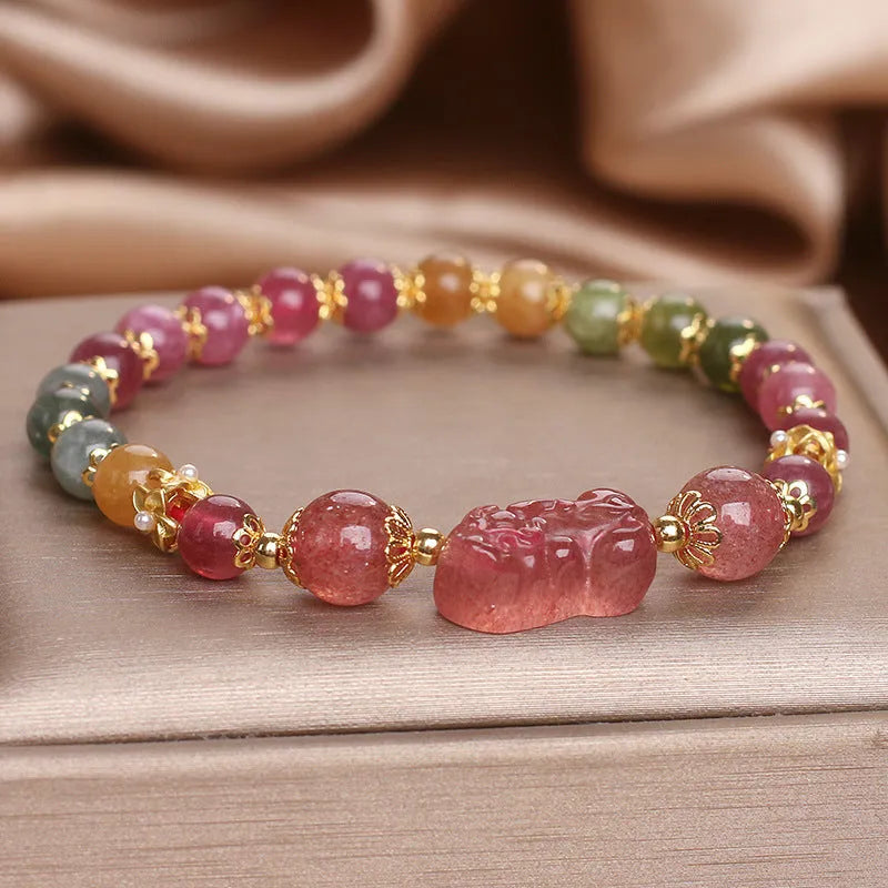 Women's pink and red strawberry quartz tourmaline Pi Xiu bracelet with electroplated finish