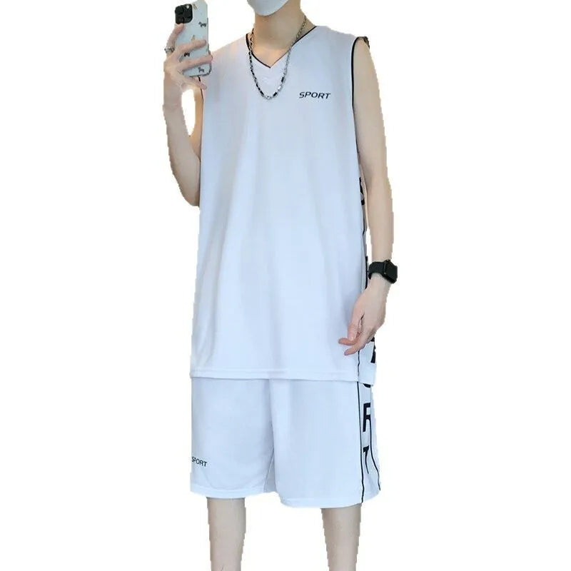 Light grey polyester basketball vest and shorts sports suit laid flat
